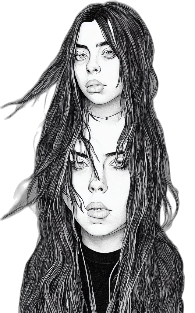 hair, face, cartoon, pencil sketch, photorealistic, fantasy art, neon lights, monochrome transparent PNG cut-out