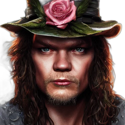 hat, face, photorealistic, fantasy art, concept art, comic book art, axel, rose transparent PNG cut-out