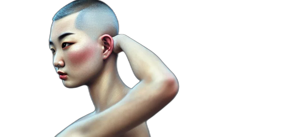 hair, face, mask, jewelry, photorealistic, 3d render, cyberpunk, buzz transparent PNG cut-out