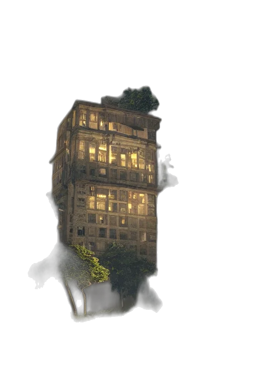building, furniture, concept art, photorealistic, fantasy art, 3d render, fog, rain transparent PNG cut-out