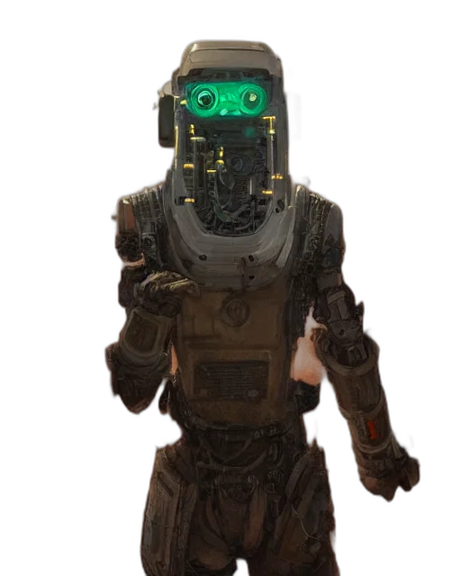 robot, mask, creature, staff, cyberpunk, concept art, 3d render, pixel art transparent PNG cut-out