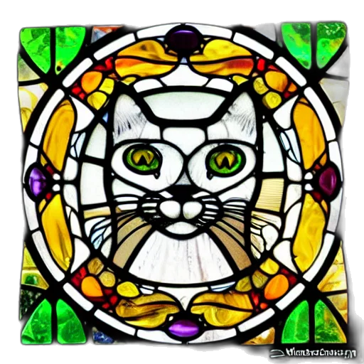 photorealistic, cartoon, fantasy art, watercolor, cat, stained, glass transparent PNG cut-out