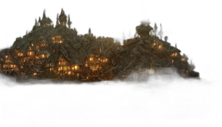 concept art, fantasy art, 3d render, photorealistic, fog, snow, city street, forest transparent PNG cut-out