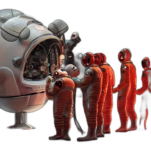 robot, concept art, 3d render, outer space, nine, austronauts, spacesuits, repairing transparent PNG cut-out