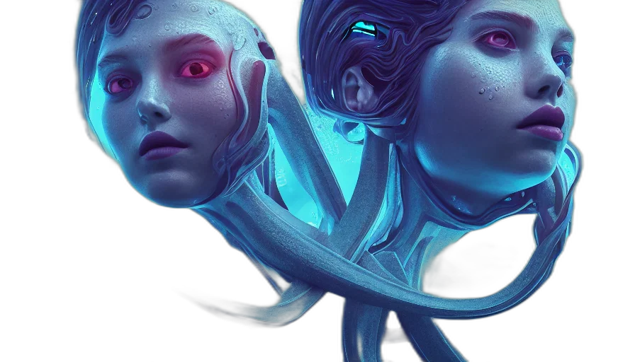 robot, concept art, cyberpunk, fantasy art, 3d render, outer space, underwater, blue transparent PNG cut-out