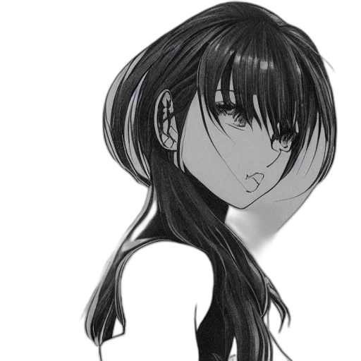 hair, face, dress, mask, anime, pencil sketch, cartoon, photorealistic transparent PNG cut-out