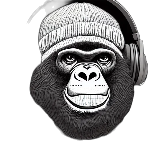 animal, photorealistic, concept art, cartoon, stoned, ape, headphones, knitted transparent PNG cut-out