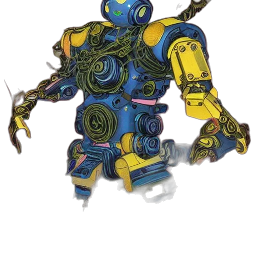 robot, weapon, staff, concept art, fantasy art, 3d render, watercolor, blue transparent PNG cut-out