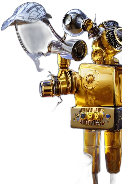 robot, 3d render, golden, portrait, photo, giant, blue, metal transparent PNG cut-out