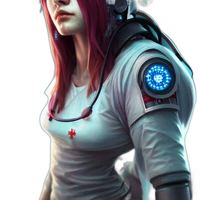 robot, staff, jacket, face, cyberpunk, concept art, fantasy art, comic book art transparent PNG cut-out