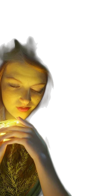 fantasy art, concept art, photorealistic, 3d render, young, woman, surrounded, golden transparent PNG cut-out