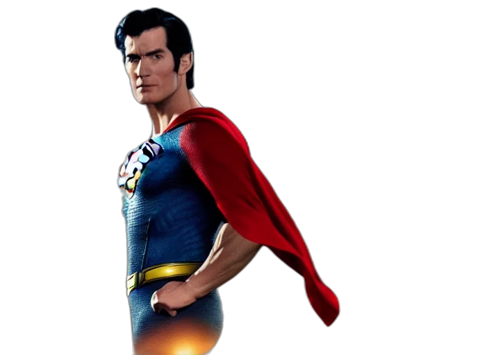 3d render, comic book art, concept art, photorealistic, film, still, superman, skinny transparent PNG cut-out