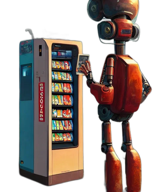 robot, concept art, cyberpunk, 3d render, pixel art, humanoid, buying, cigarettes transparent PNG cut-out