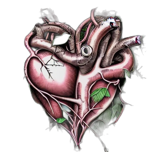 concept art, photorealistic, watercolor, anatomical, hearts, wrapped, vines, thorns transparent PNG cut-out