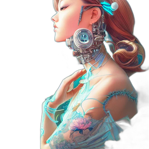 dress, jewelry, robot, face, fantasy art, cyberpunk, concept art, photorealistic transparent PNG cut-out