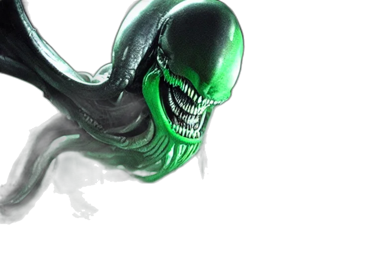 creature, mask, 3d render, concept art, outer space, green, xenomorph, emerging transparent PNG cut-out