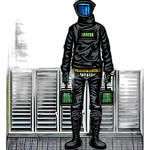 jacket, robot, cyberpunk, concept art, pixel art, comic book art, outer space, burglar transparent PNG cut-out