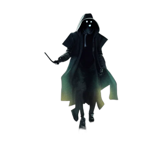 mask, staff, jacket, creature, concept art, pixel art, 3d render, fantasy art transparent PNG cut-out