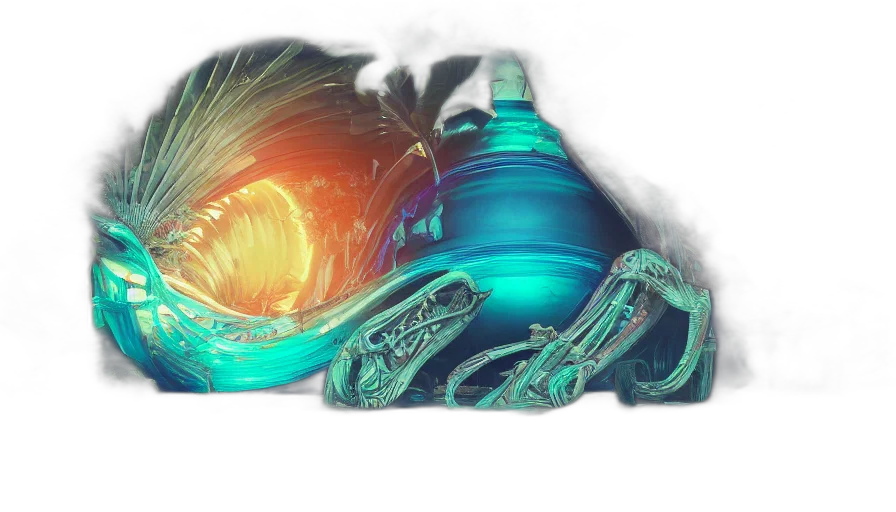 mask, shoes, bottle, jewelry, concept art, 3d render, vaporwave, fantasy art transparent PNG cut-out