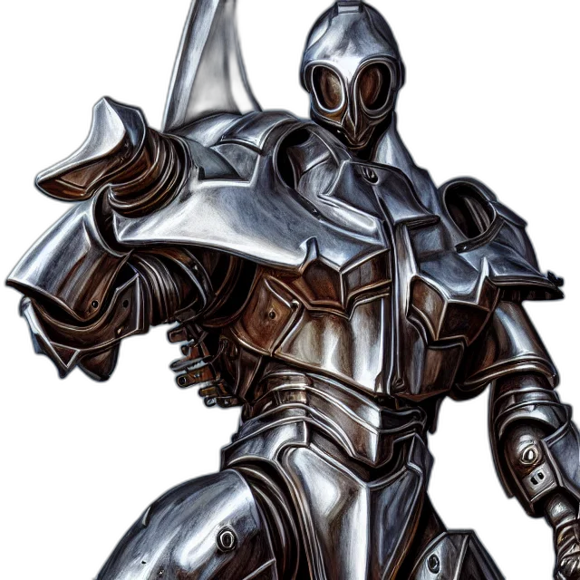 robot, sword, weapon, staff, concept art, fantasy art, 3d render, monochrome transparent PNG cut-out