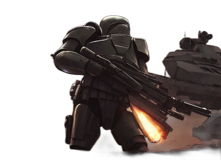 weapon, robot, concept art, 3d render, fire, armor, plated, trooper transparent PNG cut-out