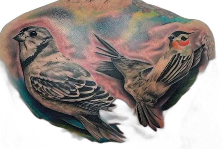 photorealistic, watercolor, three, sparrows, tattooed, man, back, grunge transparent PNG cut-out