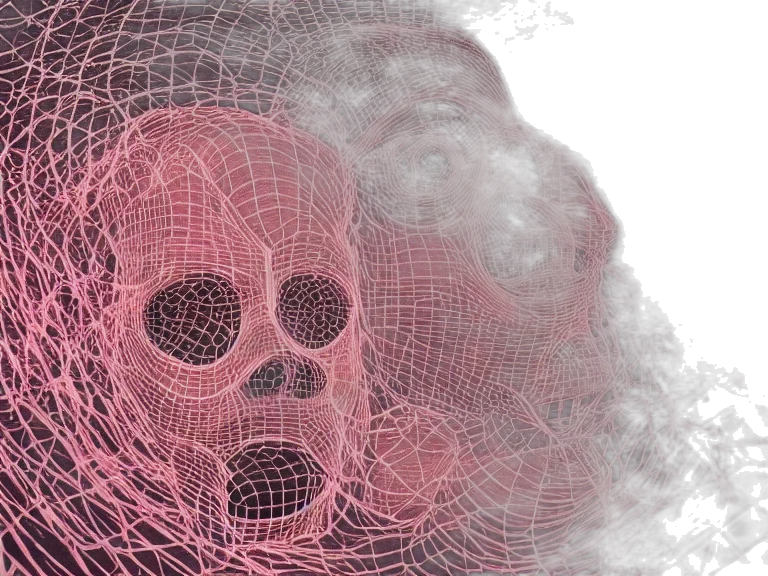 mask, hair, face, 3d render, cinematic, close, portrait, symmetrical transparent PNG cut-out