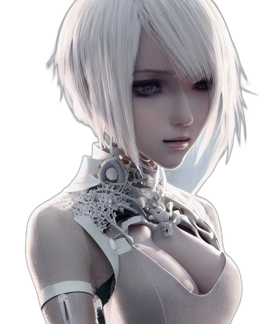 robot, face, jewelry, weapon, concept art, 3d render, fantasy art, cyberpunk transparent PNG cut-out