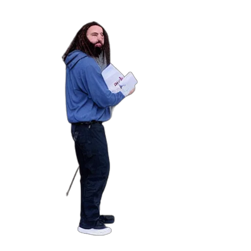 jacket, staff, hair, robot, vaporwave, concept art, 3d render, blue transparent PNG cut-out