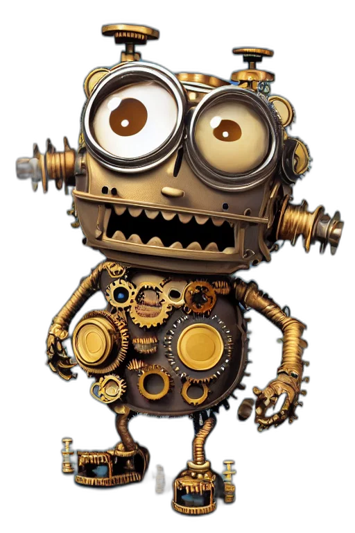robot, staff, concept art, 3d render, cartoon, tiny, cute, steampunk transparent PNG cut-out