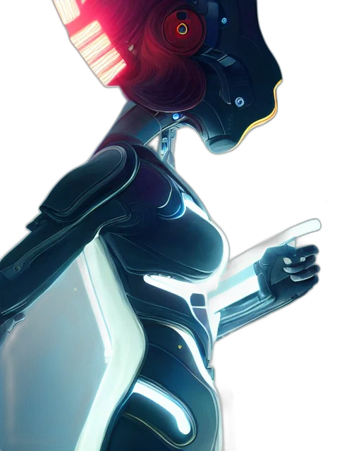 robot, staff, concept art, cyberpunk, 3d render, vaporwave, neon lights, outer space transparent PNG cut-out