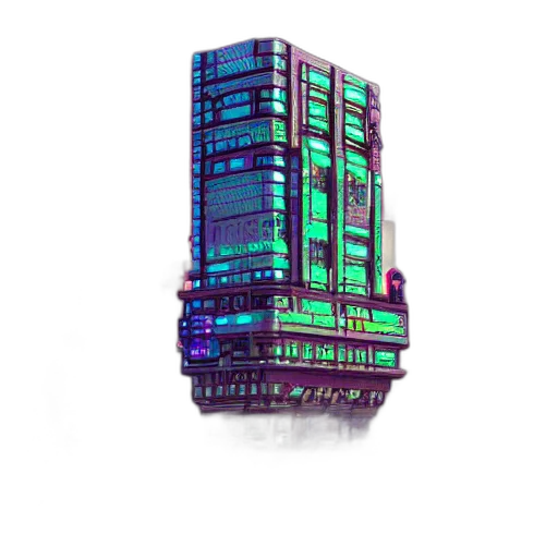 building, robot, cyberpunk, 3d render, pixel art, vaporwave, neon, green transparent PNG cut-out