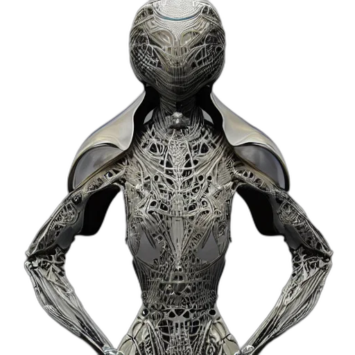 robot, creature, dress, jewelry, 3d render, concept art, fantasy art, cyberpunk transparent PNG cut-out