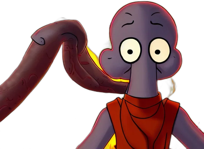 staff, creature, concept art, cartoon, 3d render, squidward, wearing, fire transparent PNG cut-out