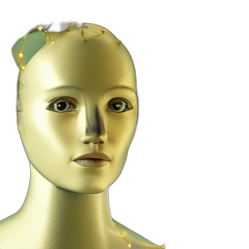 mask, robot, crown, jewelry, 3d render, photorealistic, concept art, golden transparent PNG cut-out