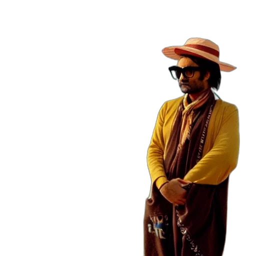 hat, staff, jacket, mask, 3d render, concept art, film, still transparent PNG cut-out