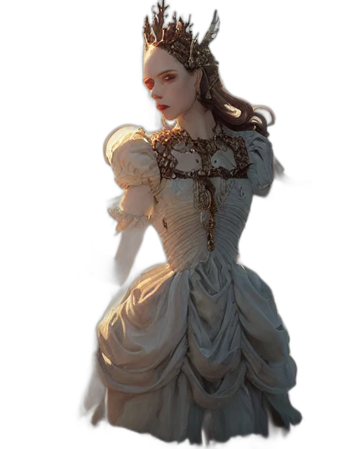 dress, crown, staff, jewelry, concept art, fantasy art, 3d render, photorealistic transparent PNG cut-out