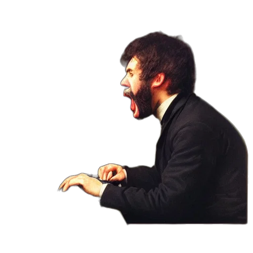 staff, creature, concept art, angry, man, yells, his, computer transparent PNG cut-out