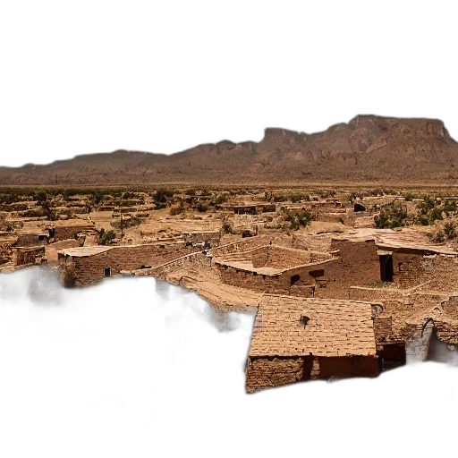 building, 3d render, earth tones, top, wide, mesa, sits, village transparent PNG cut-out