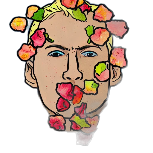 flower, face, crown, staff, cartoon, pixel art, vaporwave, photorealistic transparent PNG cut-out