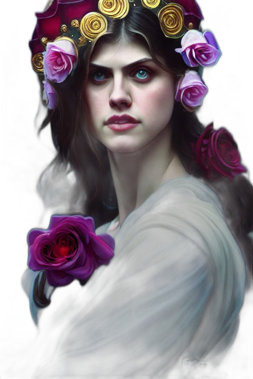 crown, face, flower, fantasy art, photorealistic, concept art, oil painting, dark transparent PNG cut-out