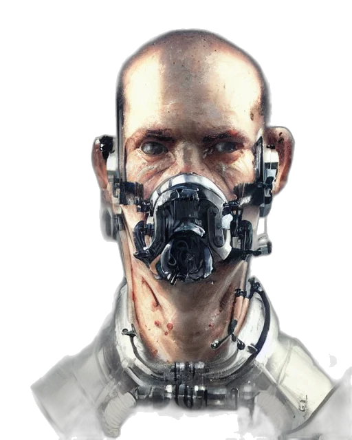 mask, face, robot, staff, concept art, cyberpunk, photorealistic, comic book art transparent PNG cut-out