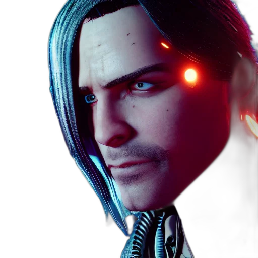 face, robot, staff, mask, cyberpunk, 3d render, concept art, photorealistic transparent PNG cut-out