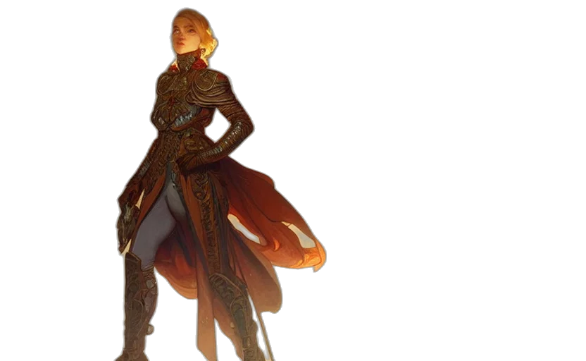 dress, sword, jacket, staff, concept art, fantasy art, 3d render, comic book art transparent PNG cut-out