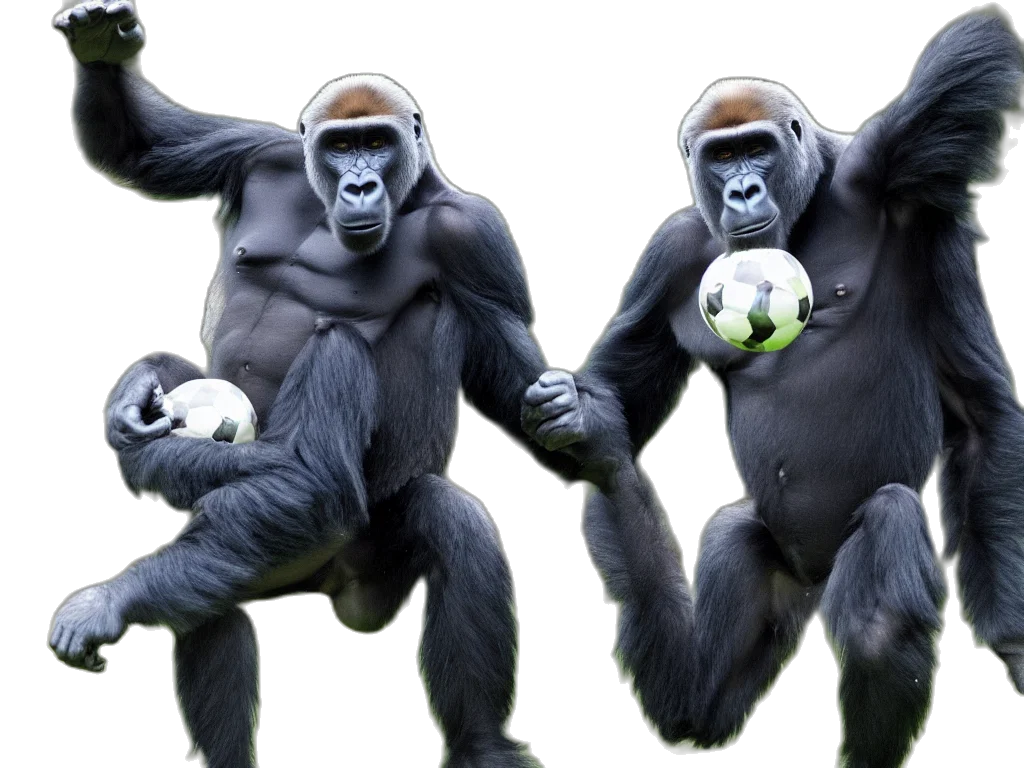 concept art, 3d render, photorealistic, gorilla, kicking, ball, towards, rival transparent PNG cut-out