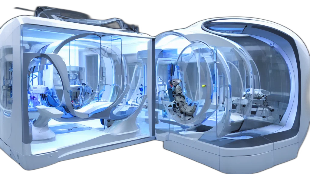 robot, 3d render, concept art, futuristic, enclosed, medical, pod, glass transparent PNG cut-out