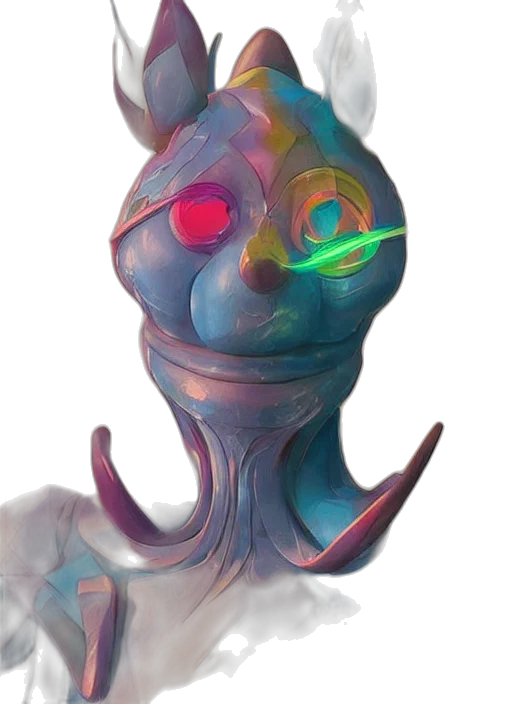 mask, creature, staff, robot, concept art, 3d render, fantasy art, vaporwave transparent PNG cut-out