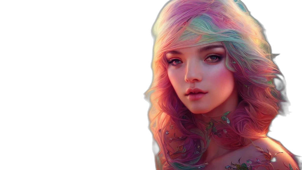 face, dress, hair, photorealistic, fantasy art, 3d render, vaporwave, outer space transparent PNG cut-out