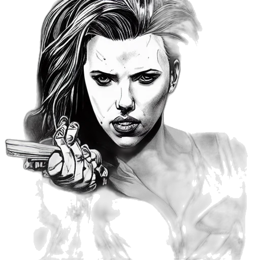 weapon, comic book art, photorealistic, cartoon, concept art, symmetrical, scarlett, johansson transparent PNG cut-out