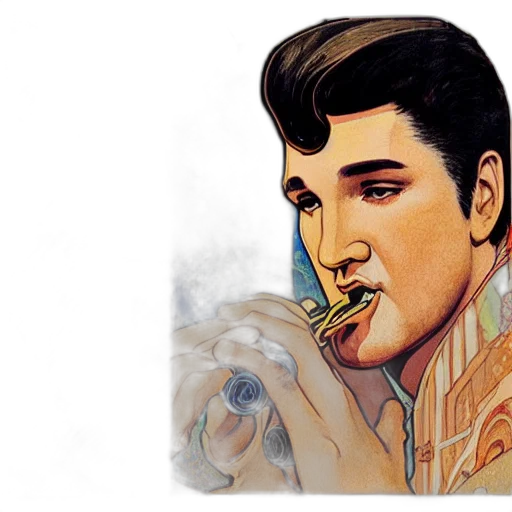 comic book art, photorealistic, cartoon, concept art, elvis, eating, donuts, sitting transparent PNG cut-out